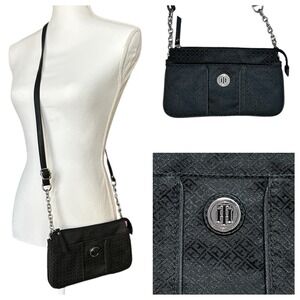 TOMMY HILFIGER Black Jacquard Crossbody Bag  TH Monogram Silver-tone Chain